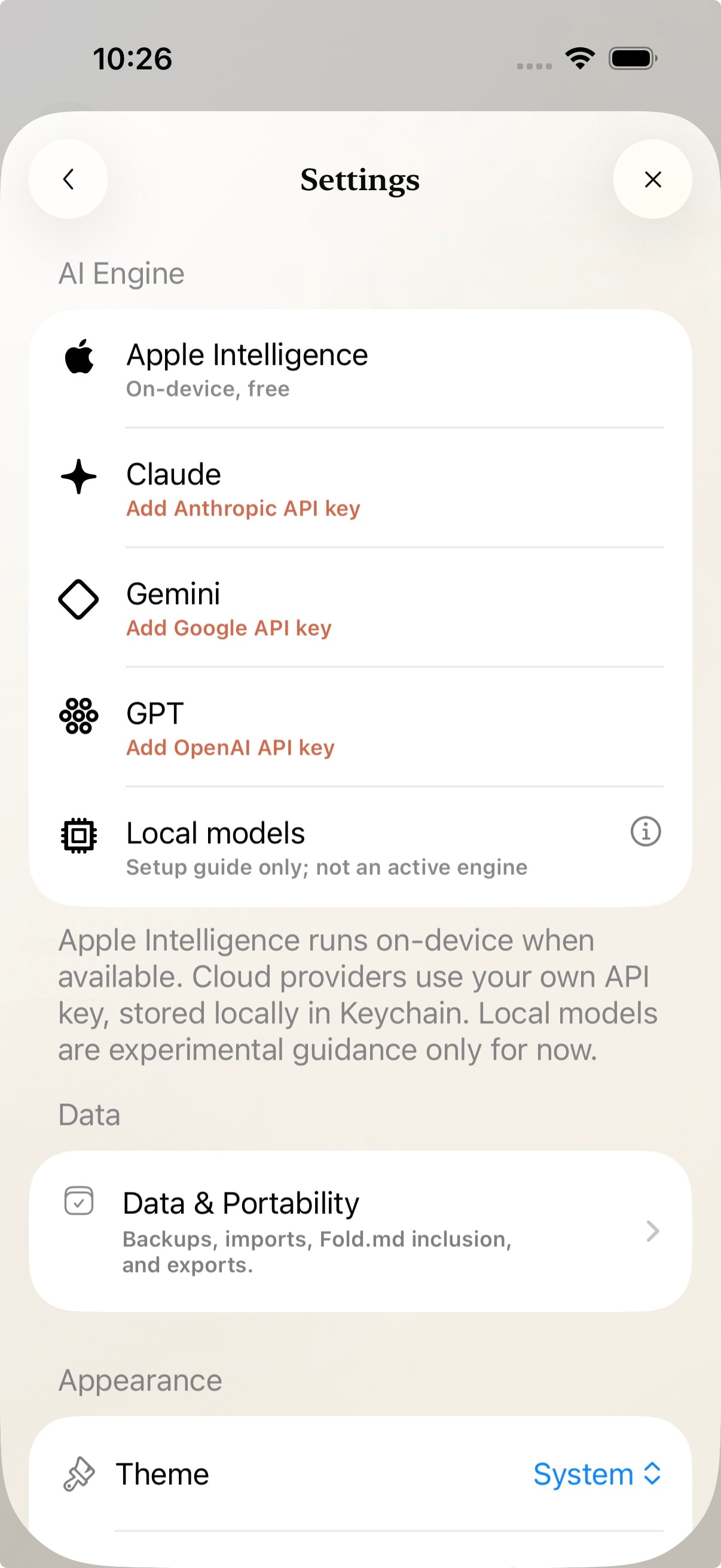 Fold AI settings screen showing provider and privacy options