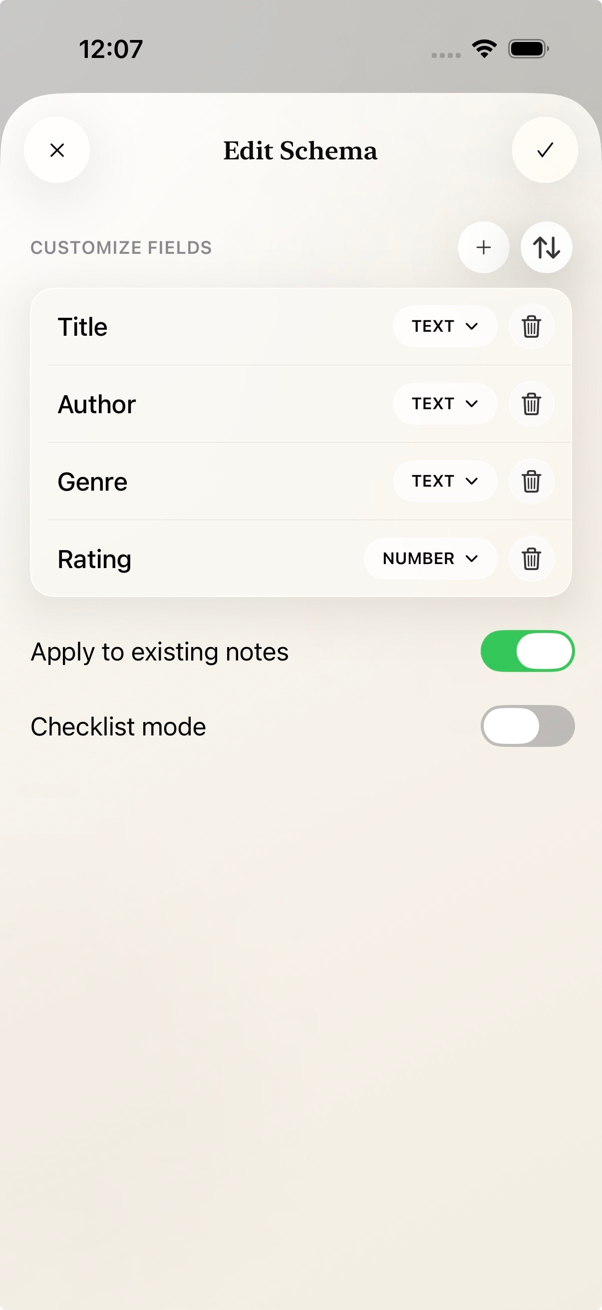 Fold edit schema screen showing fields and templates