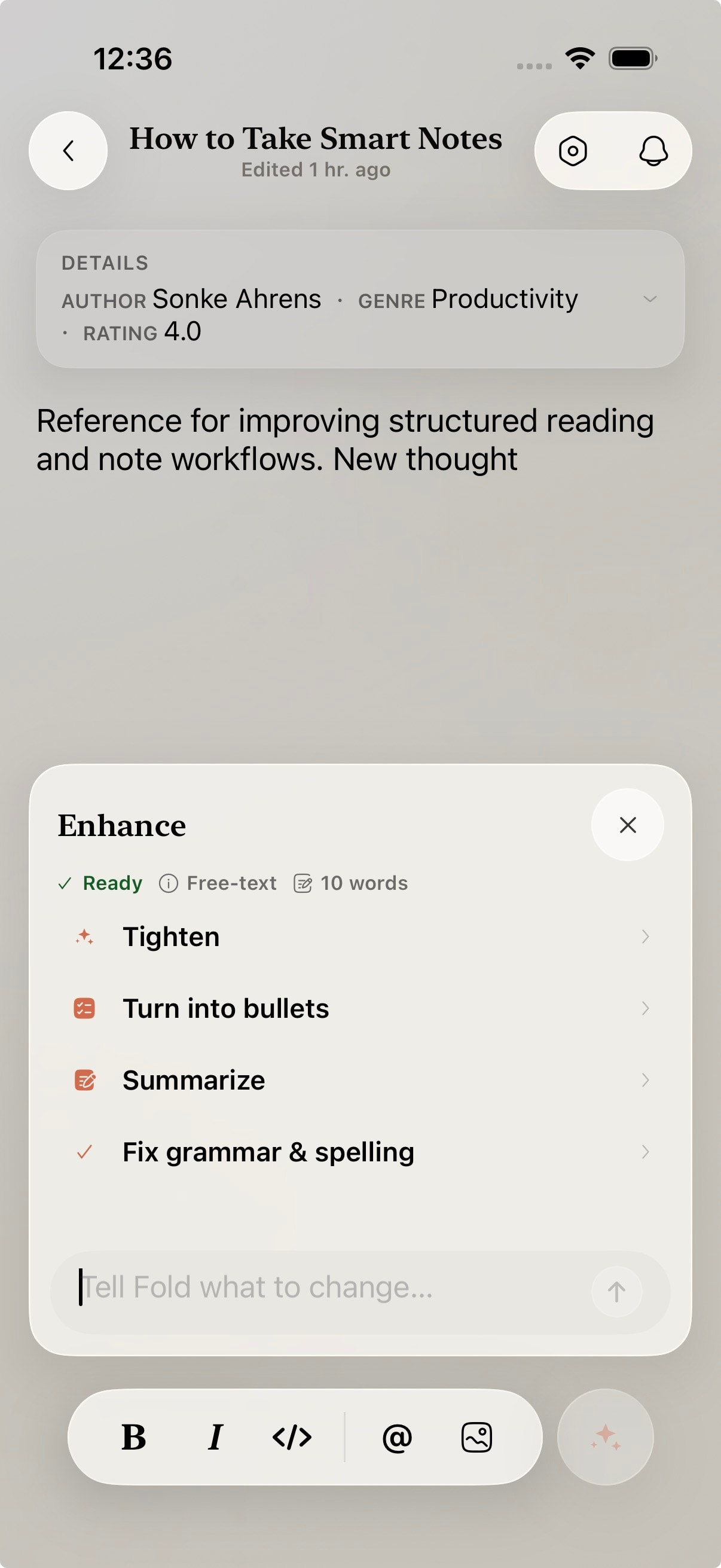 Fold note screen with enhance options open