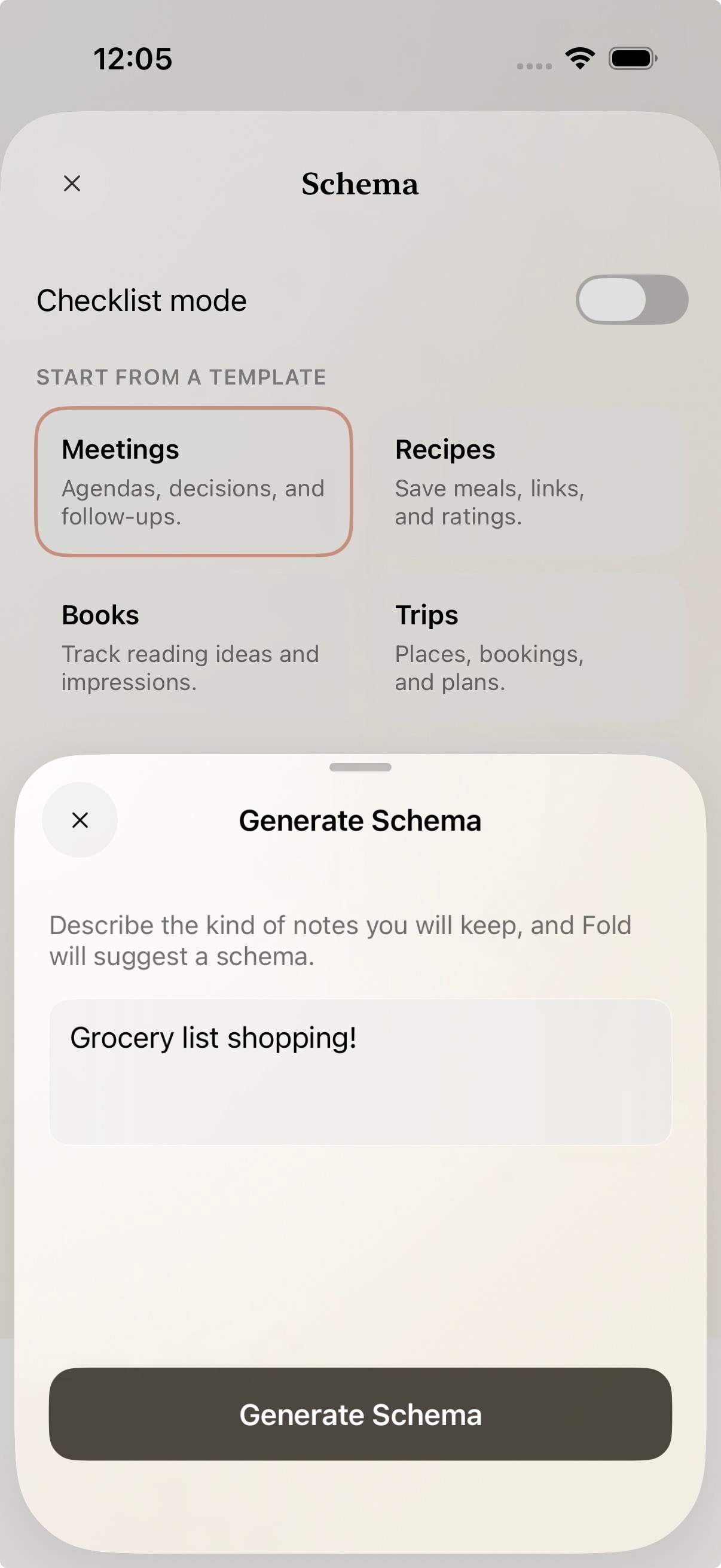Fold generate schema sheet with a prompt for a grocery list