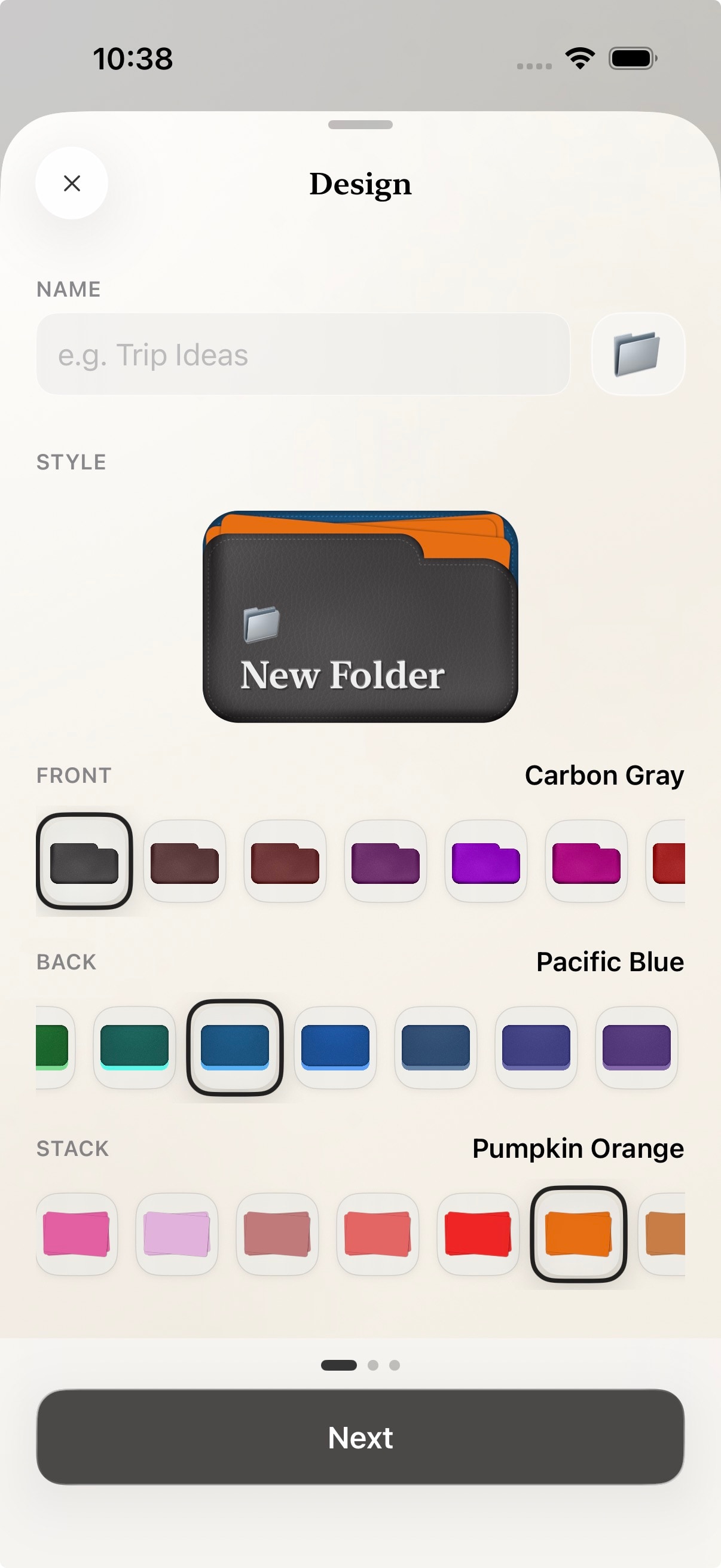 Fold new folder setup screen