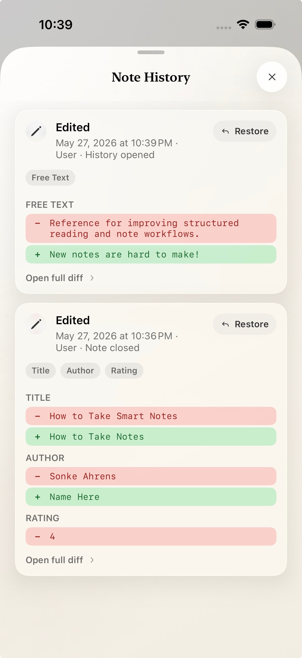 Fold note history screen showing changed fields and restore actions
