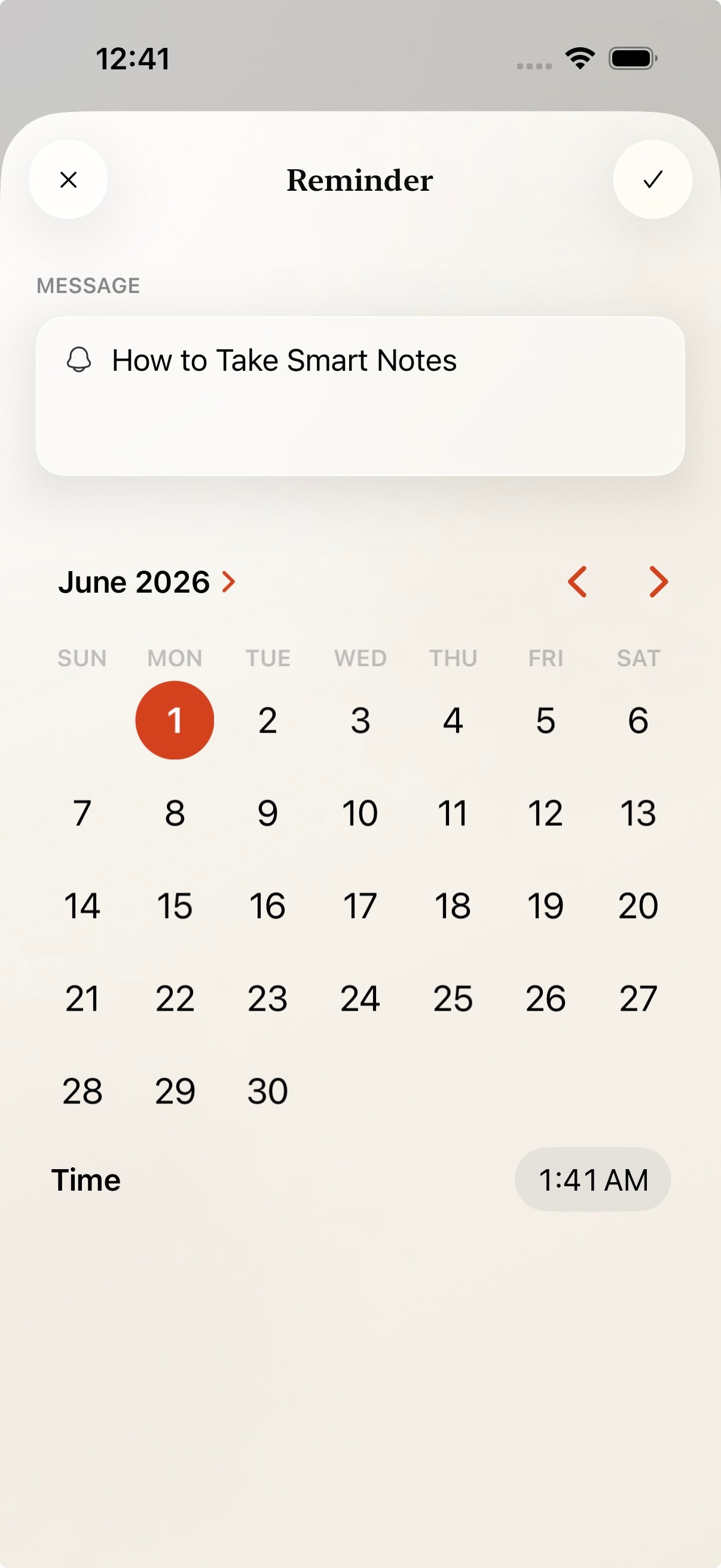Fold reminder sheet with calendar and time controls