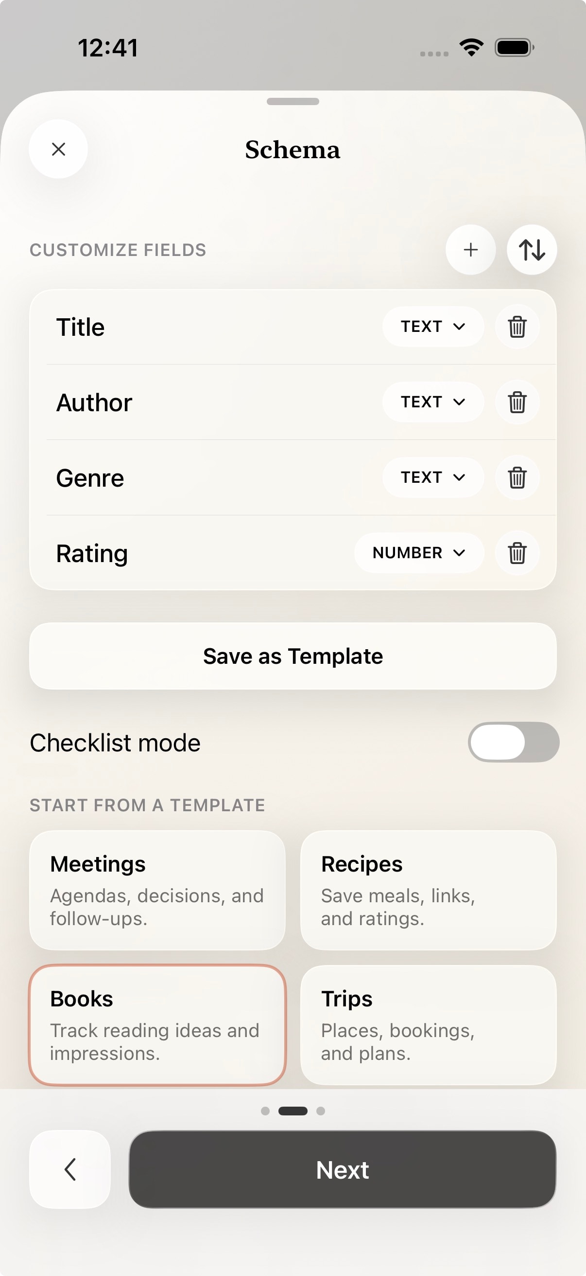 Fold schema preset screen with templates and checklist mode